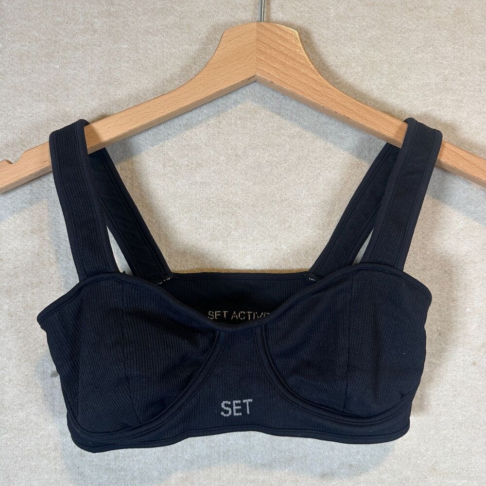 SET Active Black Ribbed Underwire Sports Bra Top Wide Straps Designed in LA